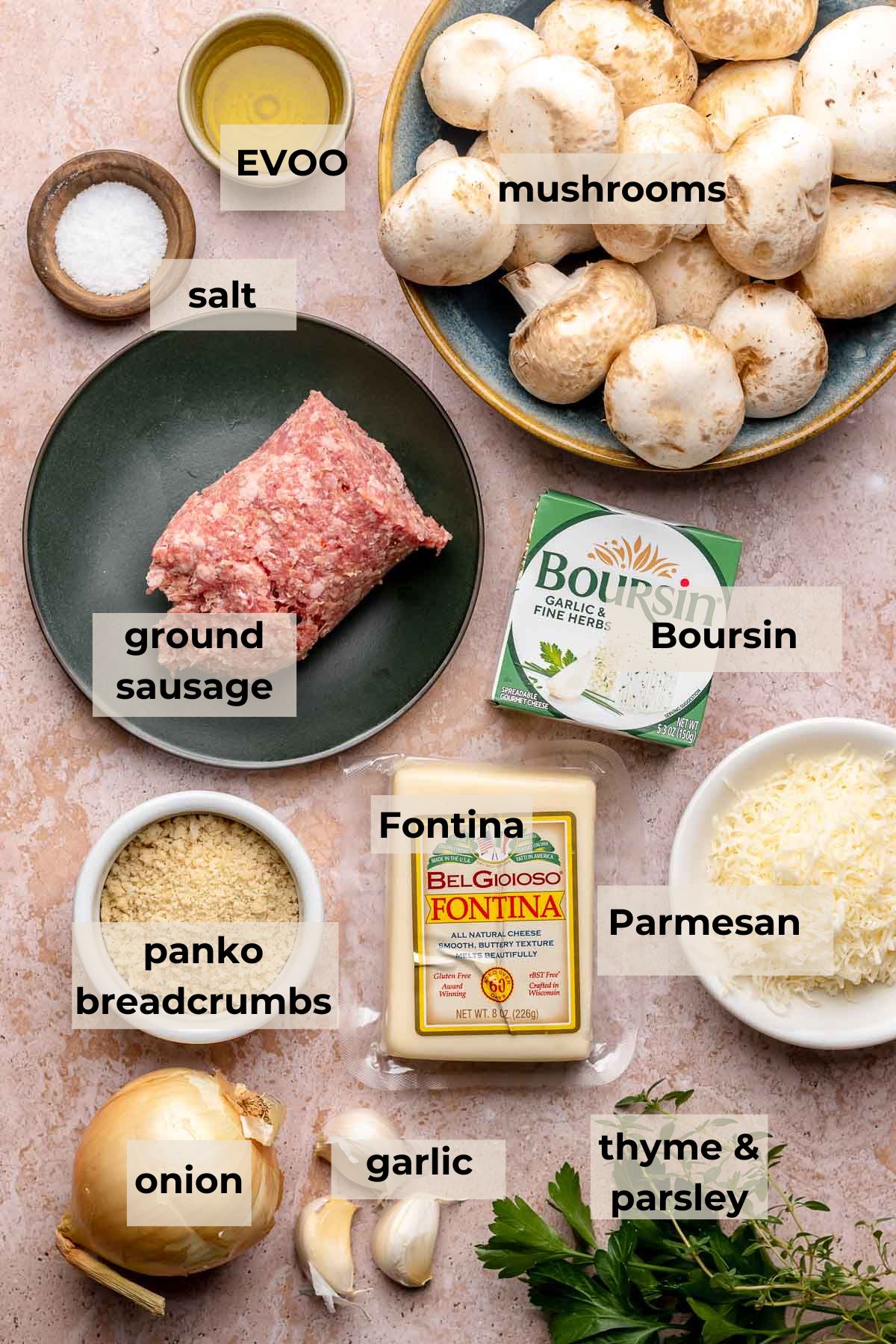 Ingredients for sausage and boursin stuffed mushrooms.