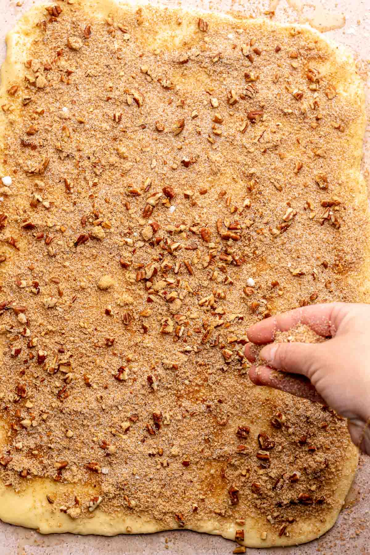 A hand sprinkles on cinnamon sugar and pecans onto rolled out dough.