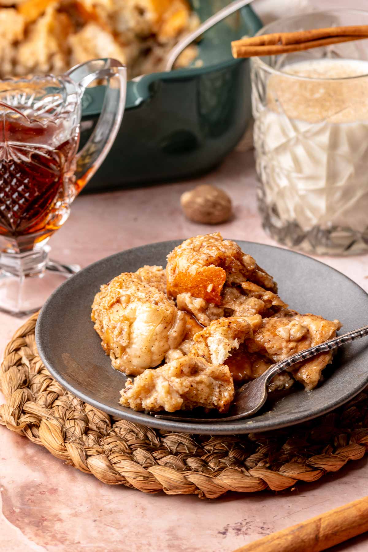 French toast casserole plated in a bowl with a fork.