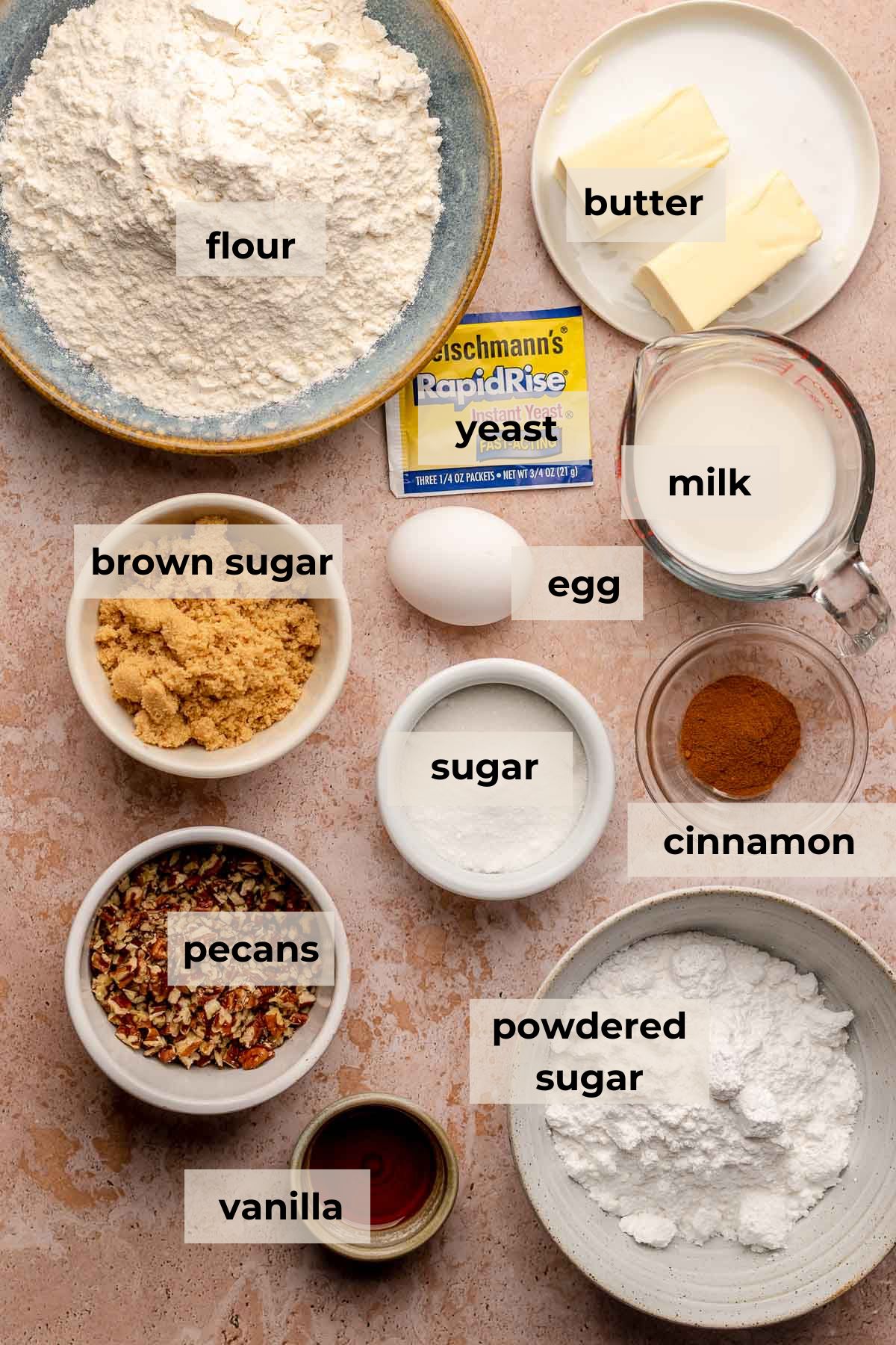 Ingredients for maple pecan cinnamon pull apart bread.