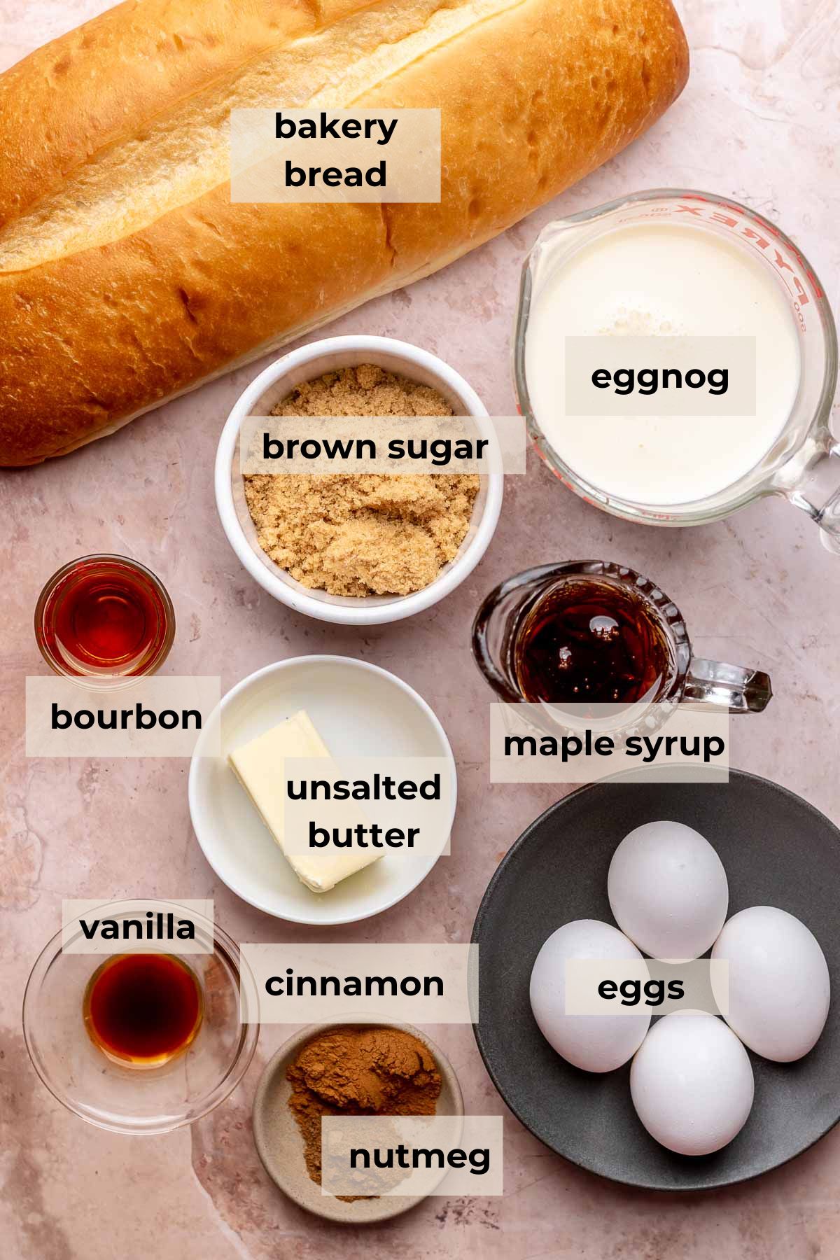 Ingredients for eggnog french toast casserole.