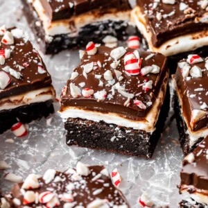 Sliced peppermint brownies with candies on top.