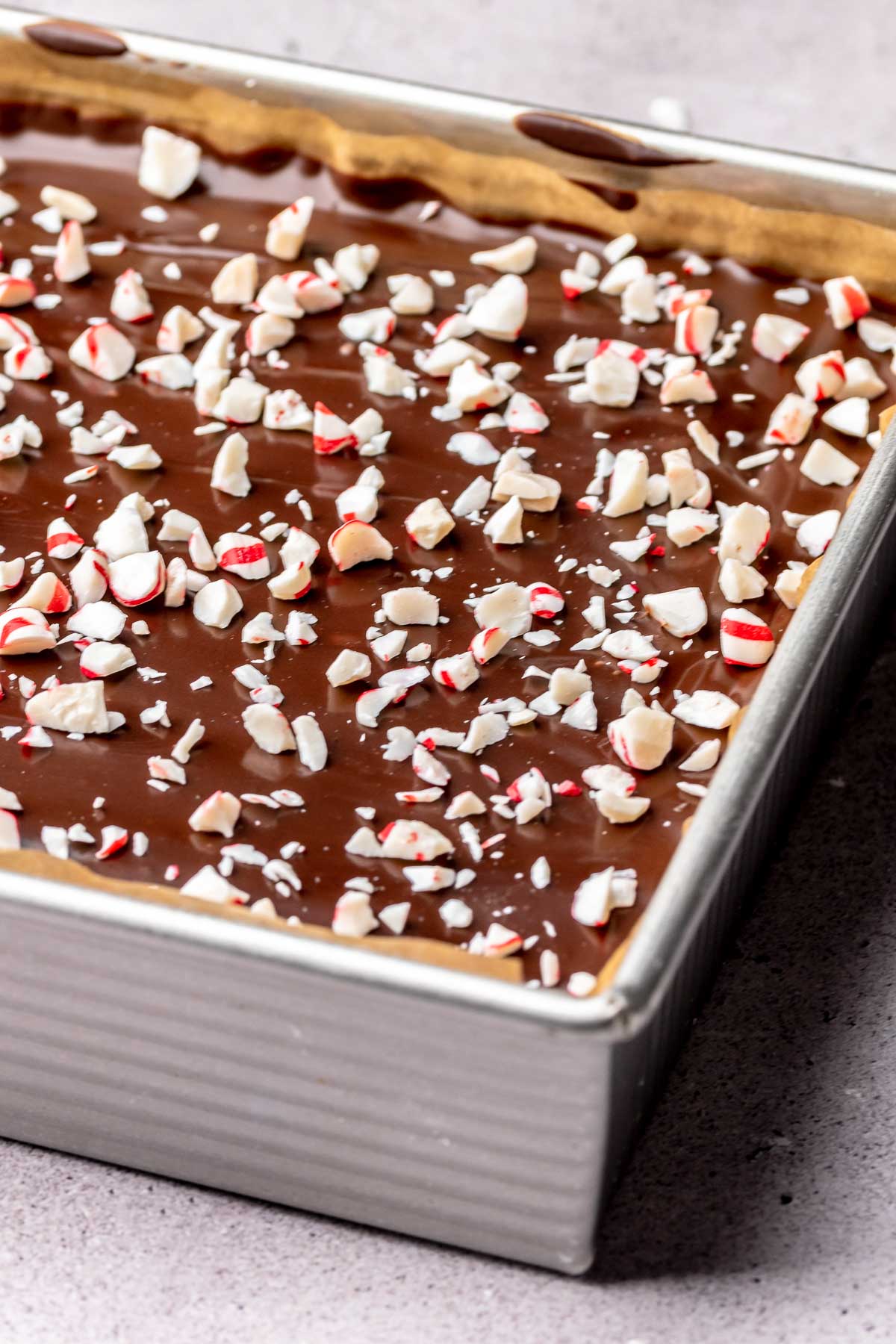 Peppermint candies spread on top of chocolate ganache brownies in a pan.