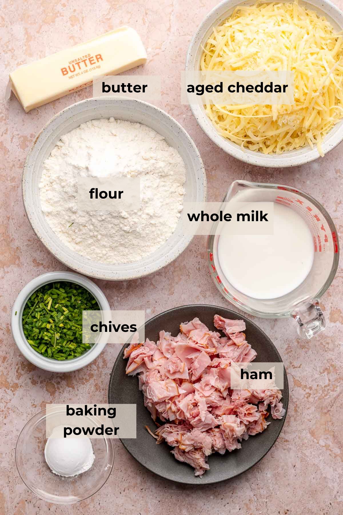 Ingredients for ham and cheese scones.