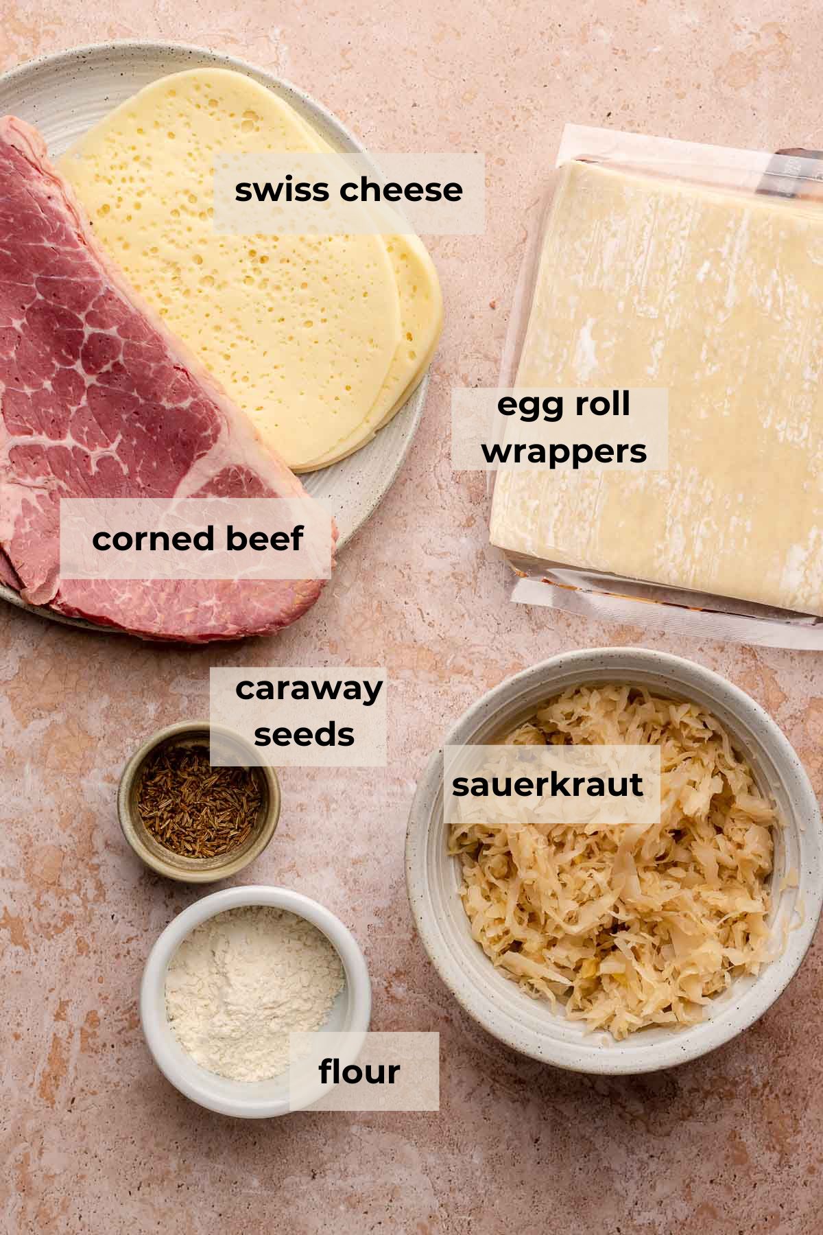 Ingredients for reuben egg rolls.