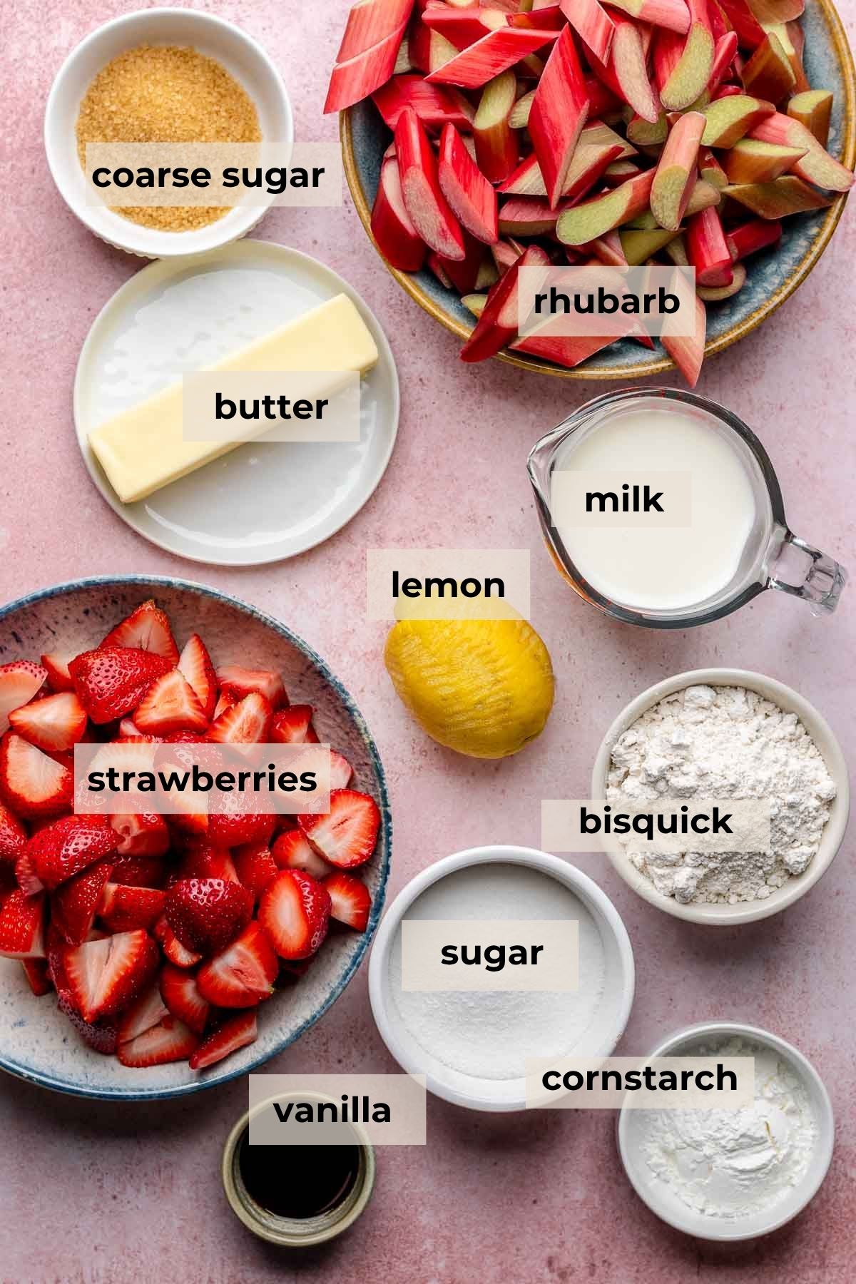 Ingredients for strawberry rhubarb cobbler.