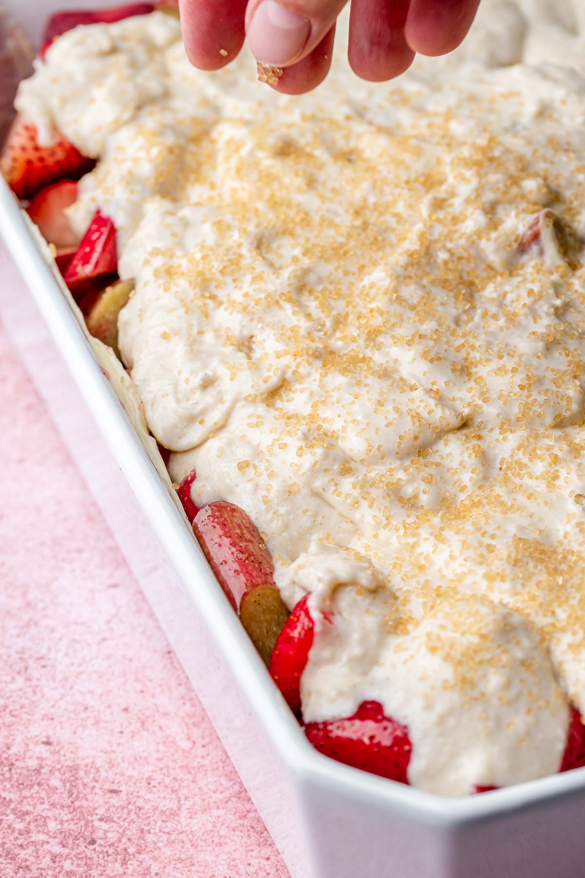 Coarse sugar is sprinkled on top of bisquick batter before baking.
