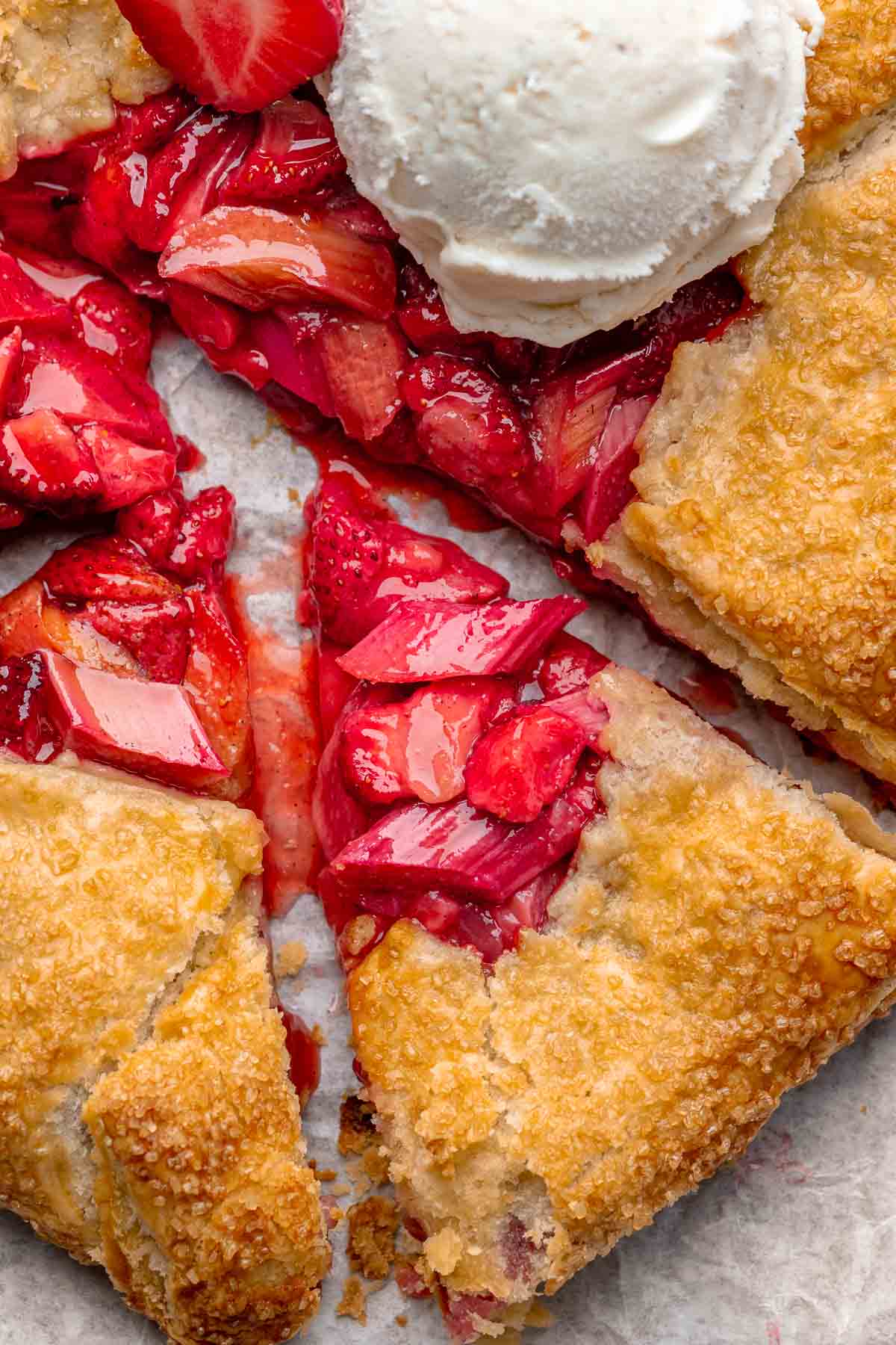 Sliced strawberry rhubarb galette.
