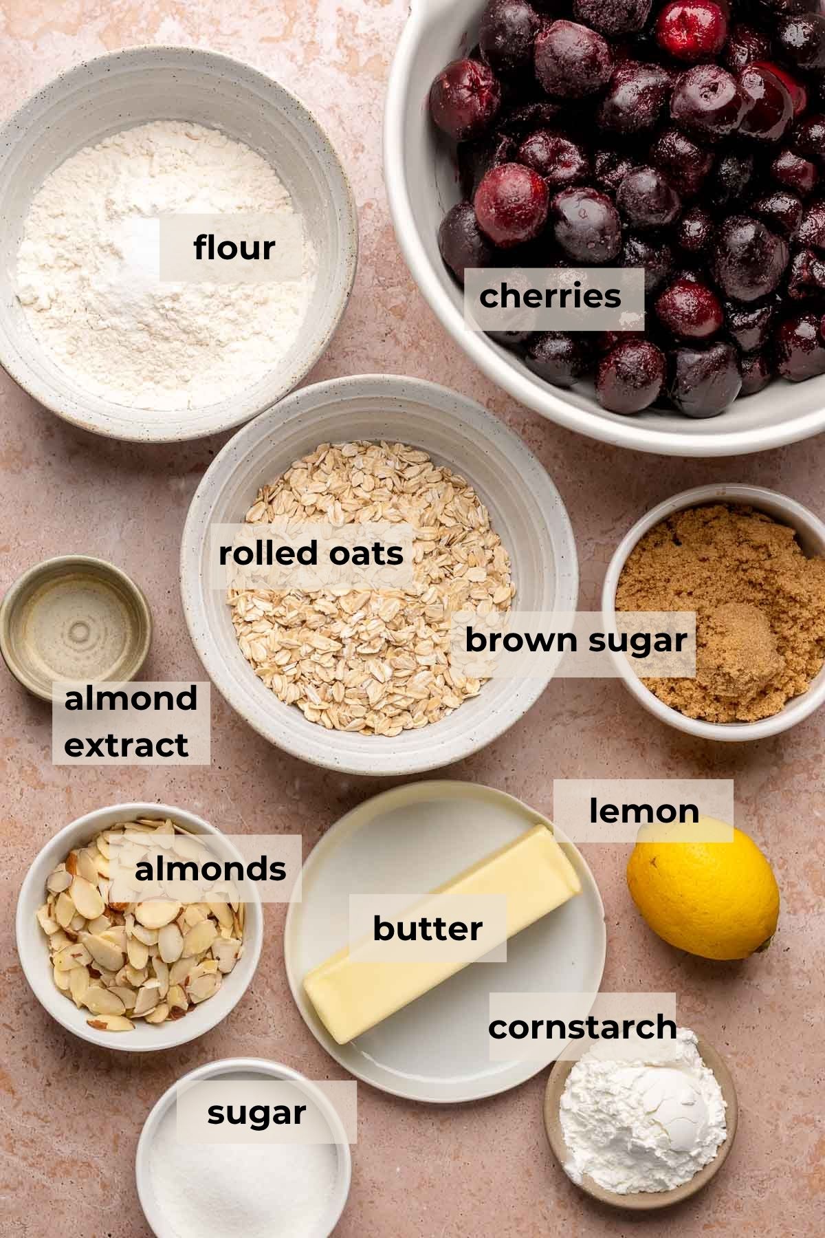 Ingredients for cherry crisp.