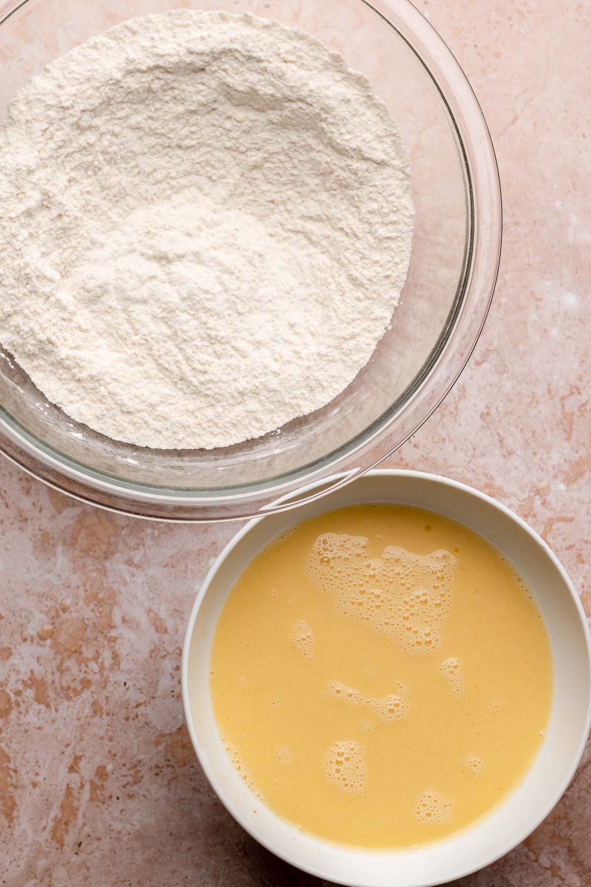 Wet ingredients and dry ingredients in two separate bowls.