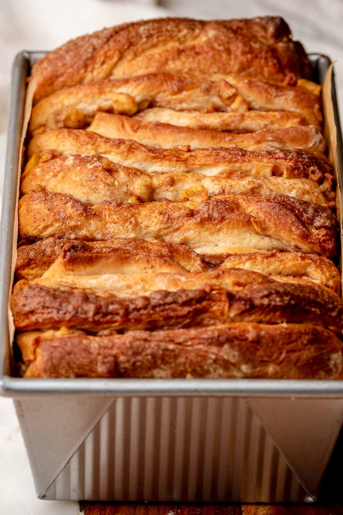 Pull apart bread baked in a loaf pan.