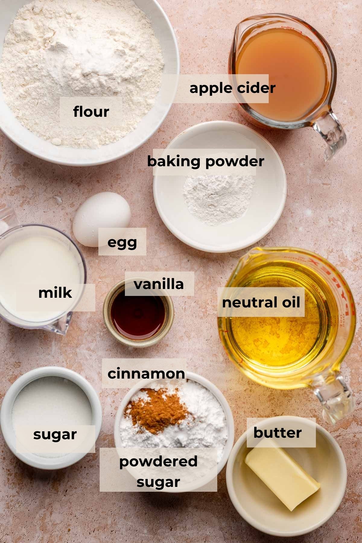 Ingredients for apple cider donut holes.