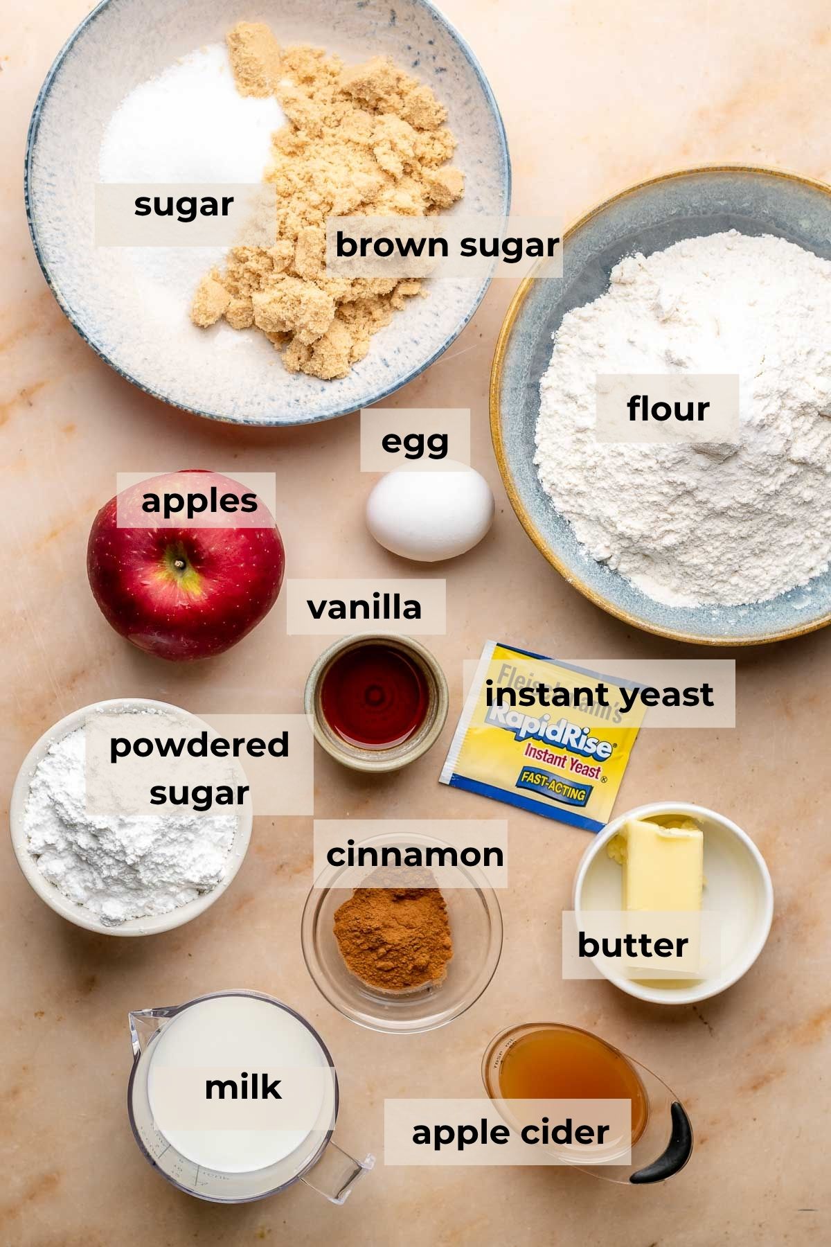 Ingredients for apple fritter pull-apart bread.