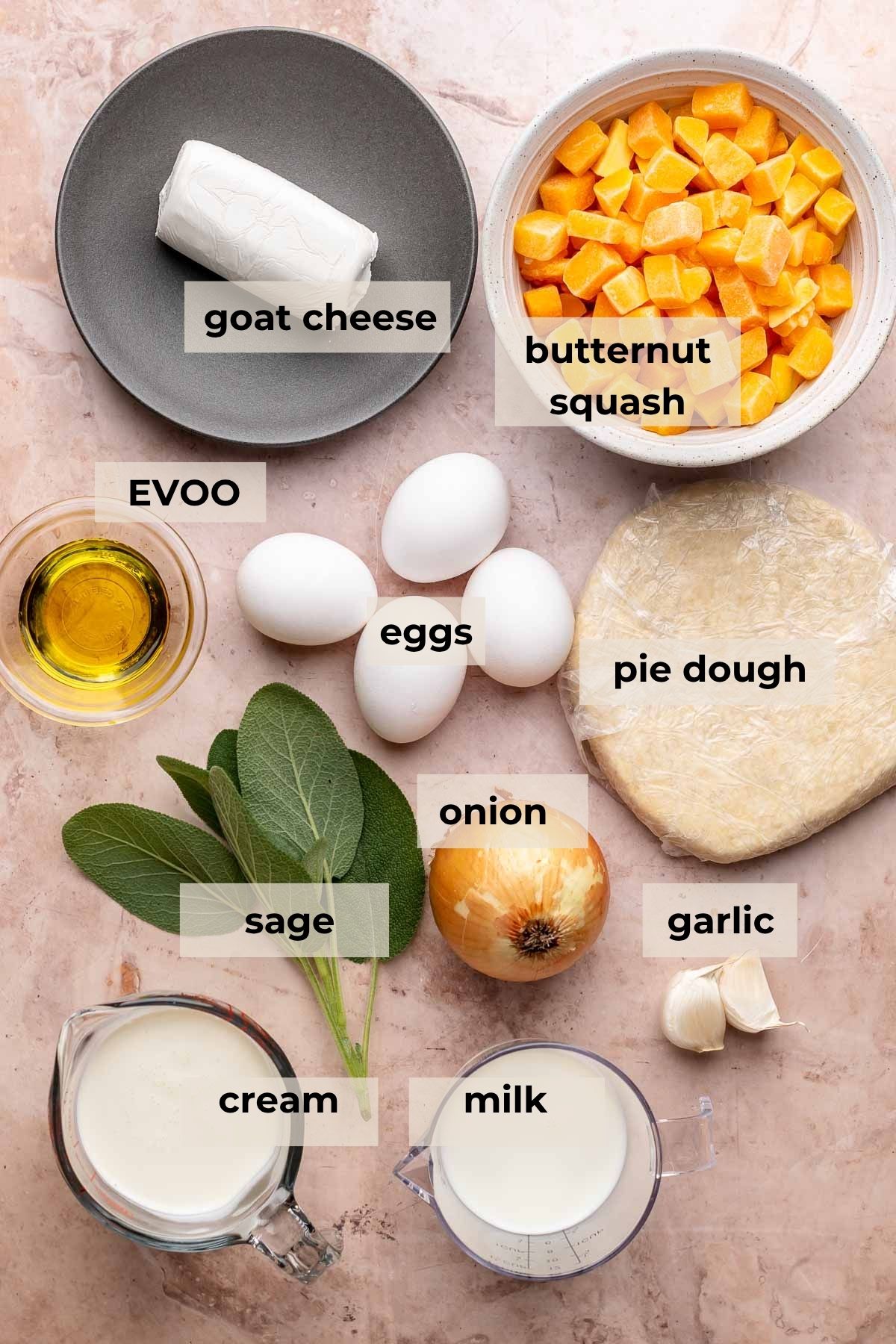 Ingredients for butternut squash quiche.