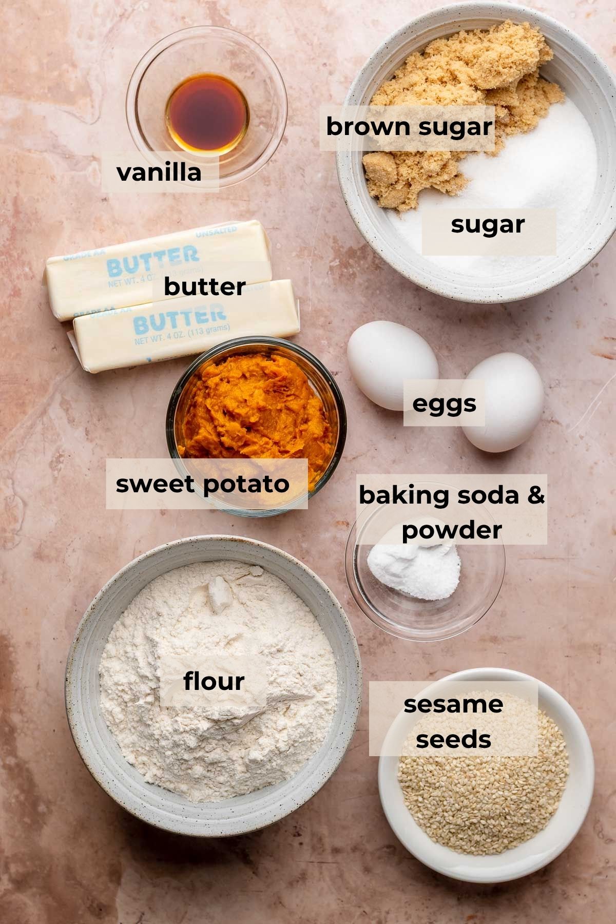 Ingredients for sweet potato sesame cookies.