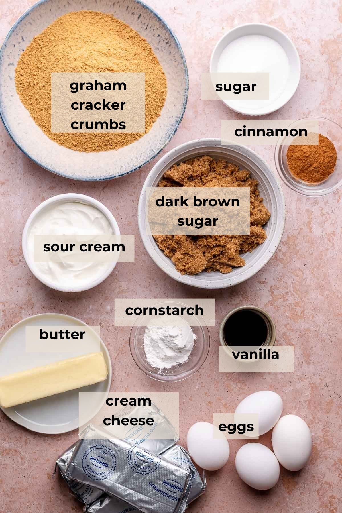 Ingredients for cinnamon roll cheesecake.